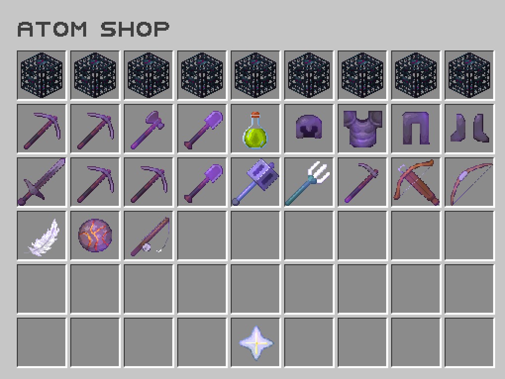 Screenshot vom Server: der /atomshop, in dem man Items für Atoms bekommt