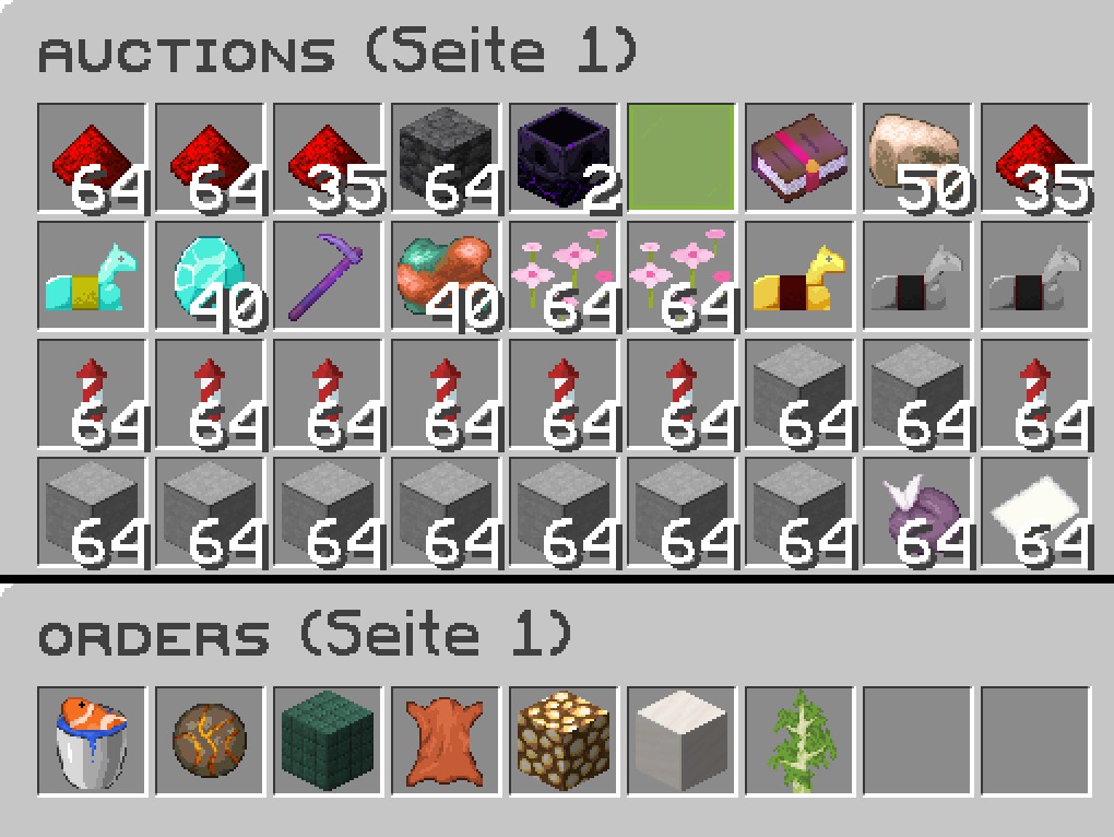Screenshot vom Server: links das Auktionshaus (/ah) mit Angeboten von Spielern, rechts das Order-Menü (/order) mit offenen Kaufaufträgen