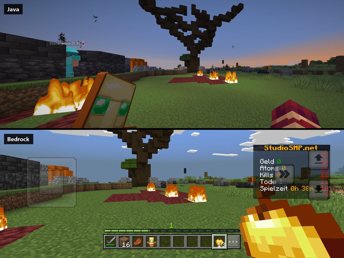Zwei Screenshots von derselben Stelle auf dem Server: oben vom PC mit Java, mit einem Bedrock-Spieler im Bild, unten vom Handy mit Bedrock